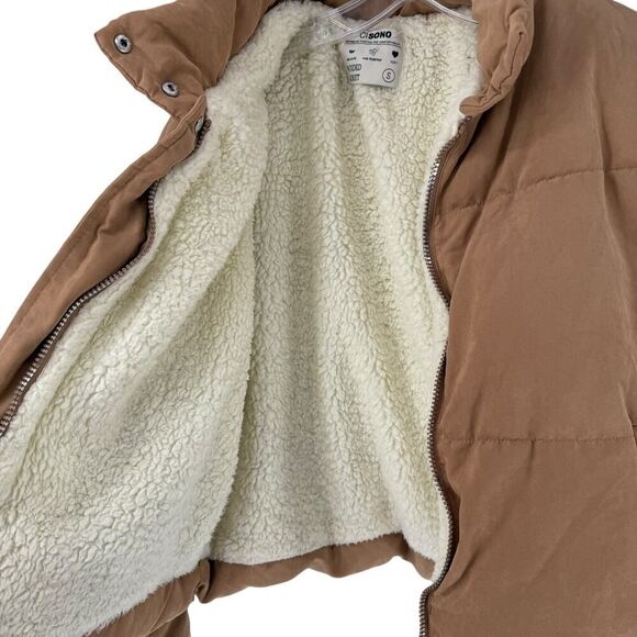 Cropped Puffer Jacket Brown Ci Sono Sherpa Lined Size S Plush Quilted Full Zip - Picture 6 of 11